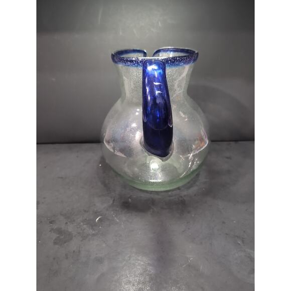 Mexican Hand Blown Glass Pitcher, Cobalt Blue Rim, 160 Oz Bubble Pitcher‎ - Picture 4 of 10
